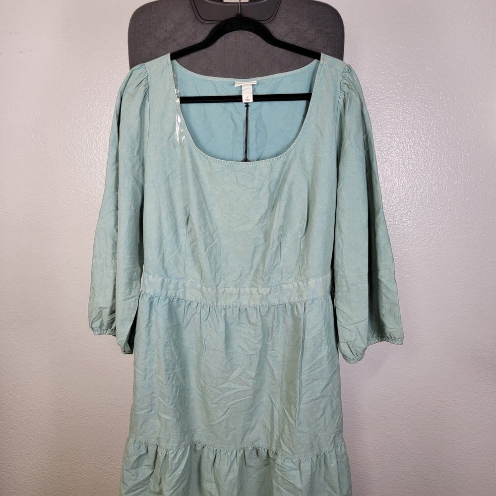 Ava & Viv Boho Dress Teal Tiered Balloon 3/4 Sleeve Cotton Knee Length Size 1X
